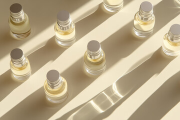 Glass vials with dropper lid in sunlight on beige background. Diagonal flat lay of unmarked containers with cosmetic serum with hard shadows. Close-up, vertical image 