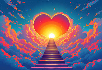 Ladder into the heavens, glowing sunset light, heart shape in the clouds, spiritual love