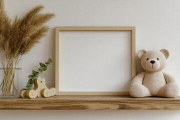 Horizontal wooden frame mockup for neutral nursery to showcase artwork, photo, print, empty frame, toy bear, wooden shelf. 