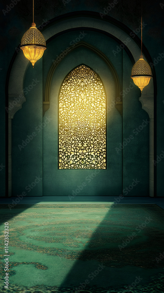 Poster serene atmosphere for ramadan prayer and reflection created by sunlight shining through intricate mo
