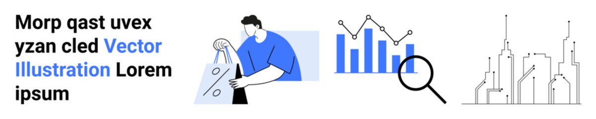 Person analyzing data, bar chart with magnifying glass, cityscape in background. Ideal for data analysis, urban development, market research, business growth, teamwork, financial planning strategic