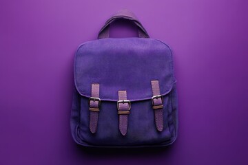 Purple canvas backpack with straps and buckles on purple background. Perfect for school, travel, or fashion-related projects.