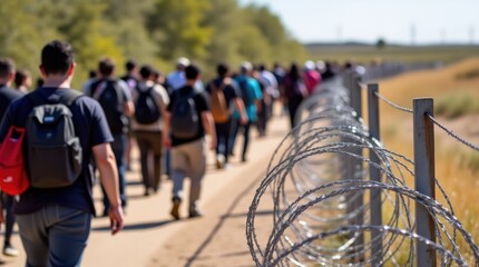 Migrants Walking Along a Path Beside Barbed Wire in the Countryside