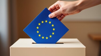 Person Inserts European Union Flag Into Voting Box During Election