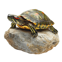 Obraz premium turtle resting on rock, showcasing its vibrant shell and intricate patterns. This serene scene captures essence of nature and wildlife