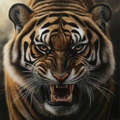 Fototapeta premium Tiger head. Powerful predator, big cat, wild animal, close-up, fierce gaze, animal strength, striped fur, tiger face, white background, staring eyes.