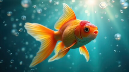 Vibrant Orange Goldfish Swimming Gracefully in Bright, Bubble-Filled Water