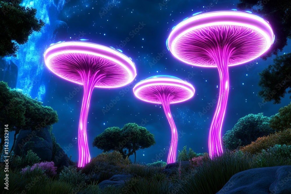 Poster a futuristic forest with glowing, bioengineered trees, their trunks pulsating with neon light, set i