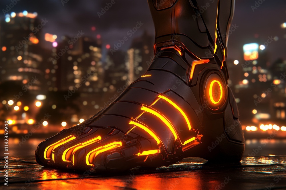 Poster a futuristic depiction of a glowing robotic foot, with intricate metallic details and neon lights il