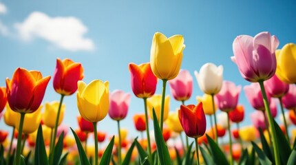 Colorful Tulips Bloom Under a Clear Blue Sky in a Vibrant Garden Field