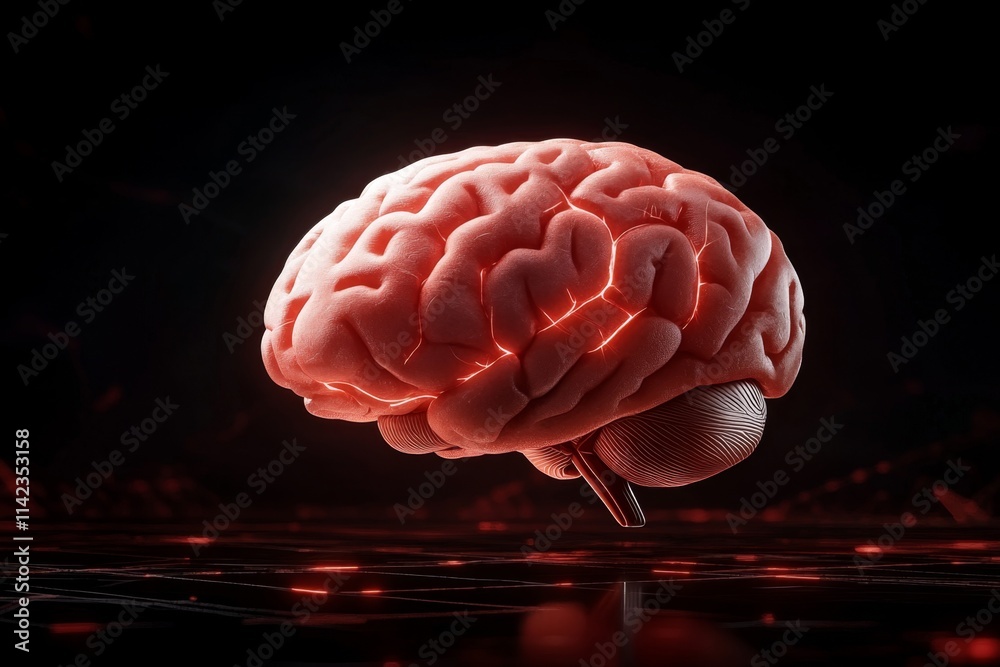 Poster a futuristic scene of a human brain with glowing neural pathways, symbolizing focus and thought, set