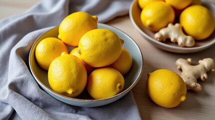 Fresh Lemons and Ginger on a Rustic Wooden Table With Soft Linen Cloth