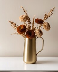 Metallic Vase with Warm Dried Blooms "A sleek, brushed gold metal vase filled with textured dried flowers rests on a white surface against a clean
