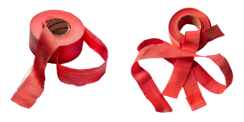 Peeled red cloth tapes. Generative AI.