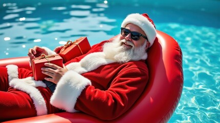 Claus Enjoys a Sunny Day on a Red Float Holding Bright Gift Boxes