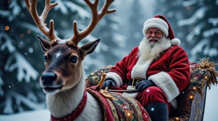 Claus Smiles in a Sleigh Surrounded by a Snowy Winter Forest With a Reindeer