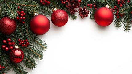 Festive Christmas Ornaments and Pine Cones on Green Fir Branches with Red Berries for Holiday Decoration and Seasonal Celebration Background Design