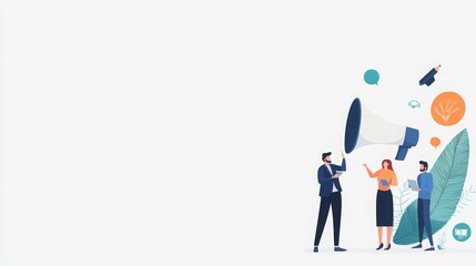 Illustration of people discussing ideas with a megaphone and speech bubbles.