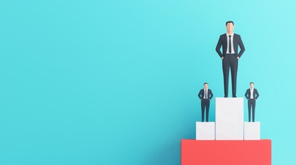 Three business figures on podiums, symbolizing achievement and success in a professional context.