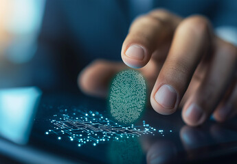 person is using digital device to scan fingerprint, showcasing biometric technology and security features. image highlights modern identification methods and digital interaction