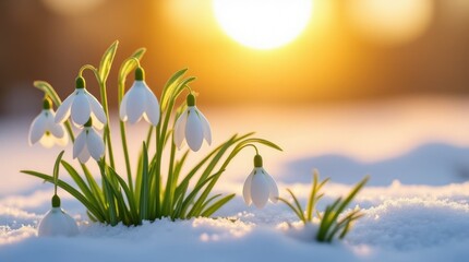 Obraz premium Blooming Snowdrops at Sunrise With Golden Light and Soft Hues