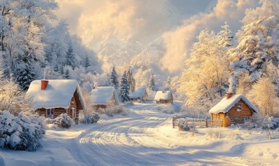 Snowy winter landscape with cozy houses in a small village
