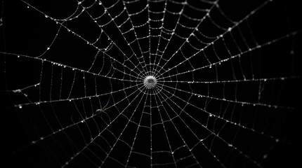 Fototapeta premium Intricate Spider Web Glistening With Dew on a Dark Background