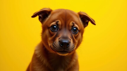 Playful Brown Puppy With Expressive Eyes Against a Bright Yellow Background
