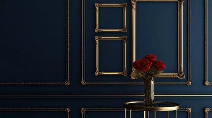 Navy Blue Wall with Four Empty Gold Frames and Red Flowers