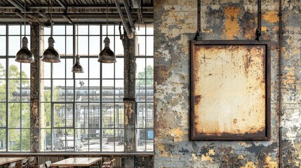 Industrial interior with large windows and empty frame on textured wall in modern cafe