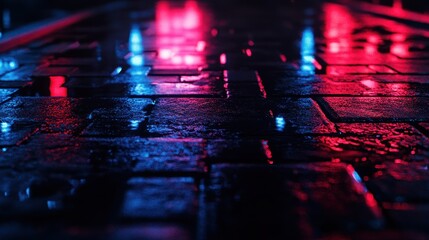 Wet cobblestone street at night, reflecting neon lights in vibrant pink and blue hues. Perfect for cyberpunk, urban, or nightlife themes; evokes a moody atmosphere.