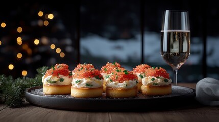 Festive appetizers of small, round, golden-colored pancakes topped with creamy spread and red caviar, presented on a dark gray platter, alongside a glass of champagne
