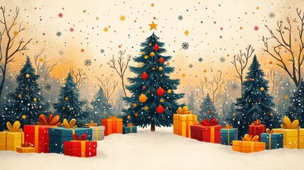 Obraz premium Festive Christmas Scene with Snowfall, Colorful Gift Boxes, and a Pine Tree Adorned with Ornaments in a Winter Wonderland Setting