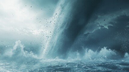 Obraz premium Dynamic image of a tornado spinning rapidly over an open ocean, with strong winds creating towering water spouts