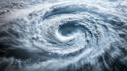 Eye of a super typhoon surrounded by concentric circles of thick clouds, illuminated by sunlight from above
