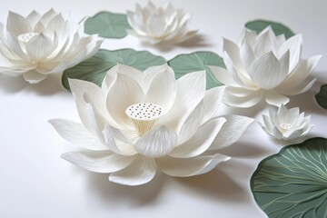 Close-up of elegant white paper lotus flowers and leaves on white background.