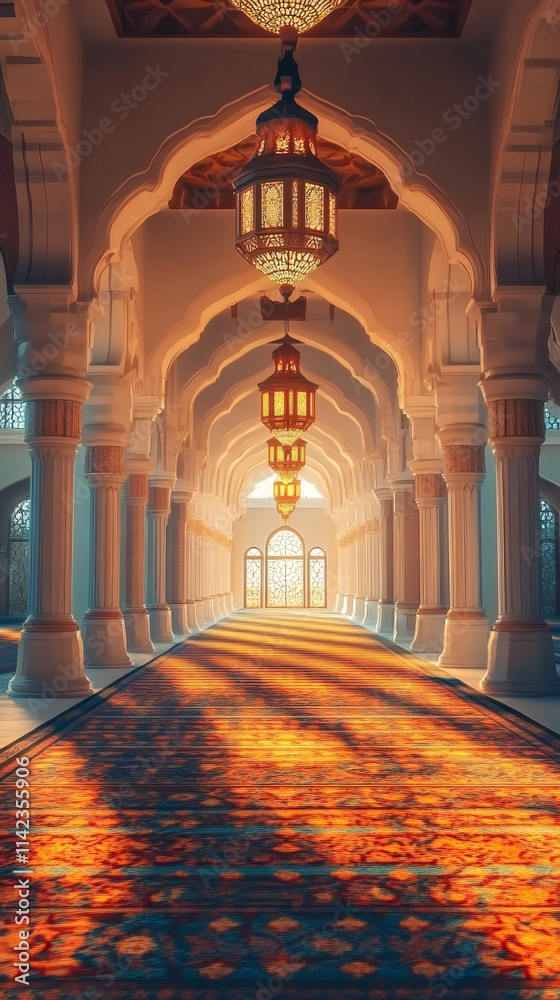 Poster Sunlight streams through arched windows, casting a warm glow on an ornate carpet in a mosque during ramadan, creating a peaceful atmosphere for prayer