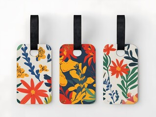 Luggage tags with colorful floral pattern desin on white background. - obrazy, fototapety, plakaty