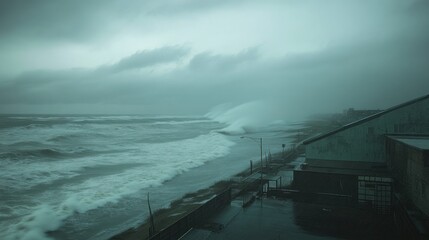 Oceanic windstorm generating colossal waves and driving rain under a swirling gray sky, with distant land barely visible