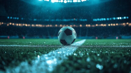 A close-up of a soccer ball on the field during a rainy match, highlighting sports action.