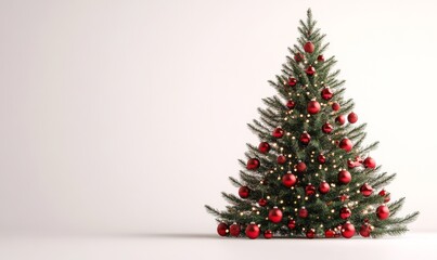 Decorated christmas tree with ornaments and lights on a white background, 3D illustration