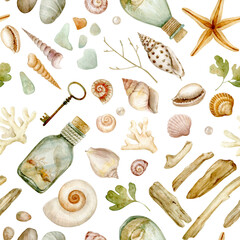 Shells, driftwood, pearls, starfish, corals, algae - a collection of underwater in a seamless pattern.