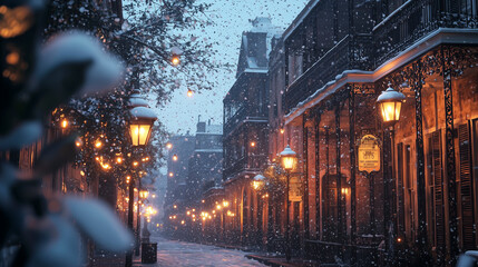 Obraz premium New Orleans French Quarter Winter Setting Christmas Time with Fairy Tale Snow