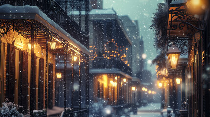 Naklejka premium New Orleans French Quarter Winter Setting Christmas Time with Fairy Tale Snow