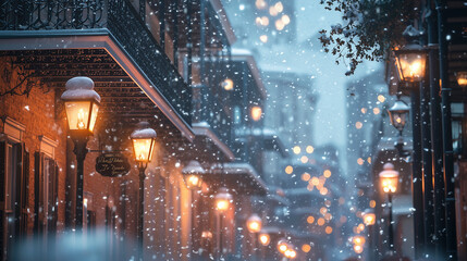 New Orleans French Quarter Winter Setting Christmas Time with Fairy Tale Snow