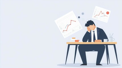 A stressed businessman sits at a desk, overwhelmed by financial graphs and data.