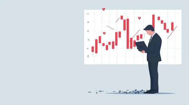 A businessman analyzes stock market trends on a tablet in front of a financial graph.
