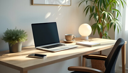 Modern Home Laptop Workspace with Minimalist Decor and Cozy Lighting