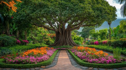 Naklejka premium Wide view of the Ficus Macrophylla Columnaris surrounded by vibrant flowers and shrubs in the peaceful garden of La Orotava.