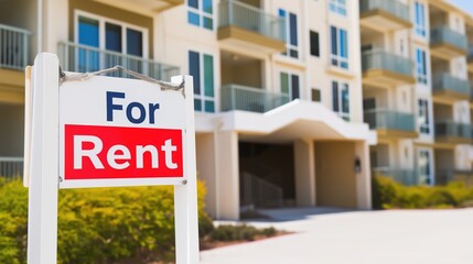 Obraz premium For rent sign displayed on a residential building, symbolizing opportunities for new beginnings and the dynamic nature of urban living.